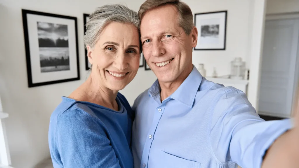 Щастлива и уверена възрастна двойка получила красиви усмивки след поставяне на зъбни импланти